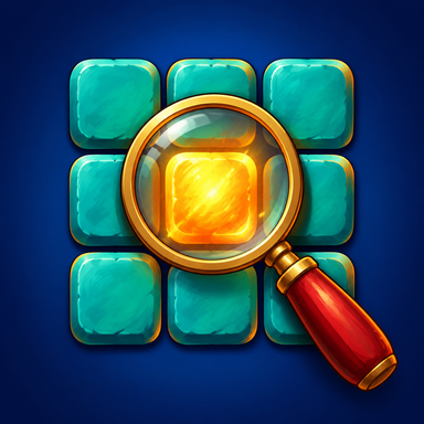 Flicker Flaw app icon: a magnifying glass over a grid of teal tiles with one glowing amber tile